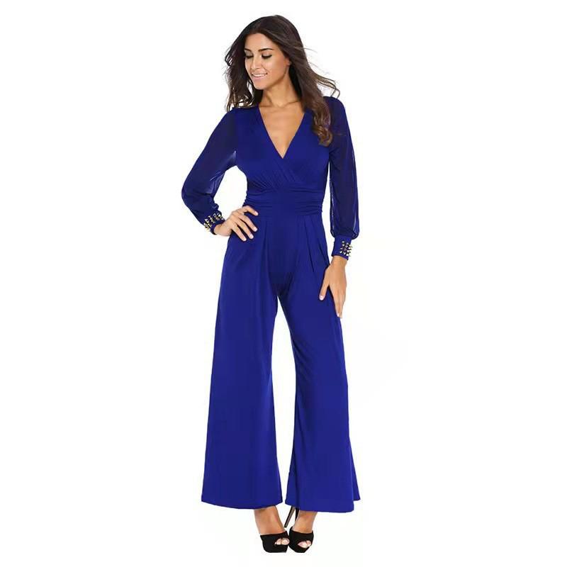Women's V-Neck Mesh Stitching Rivet Straight-Leg Jumpsuit In Stock