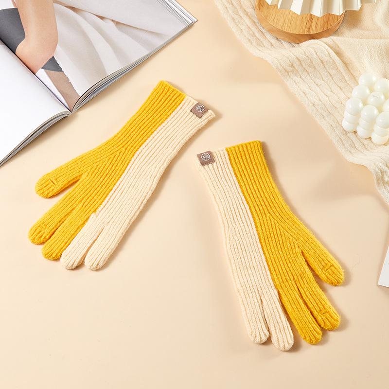 Autumn and Winter Stitching Color Knitted Ladies' Warm Gloves Dew Finger Touch Screen Cold Proof Wool Gloves