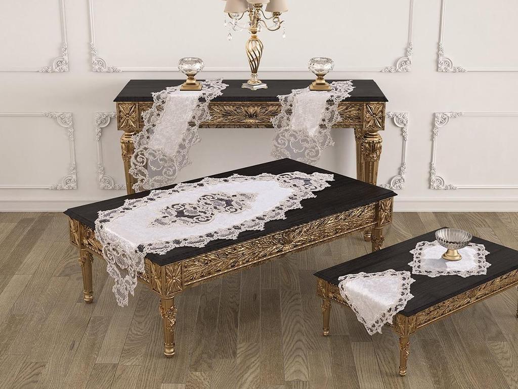 Duru Velvet Runner Set 5 Pieces For Living Room, French Lace, Wedding, Home Accessories, Cream