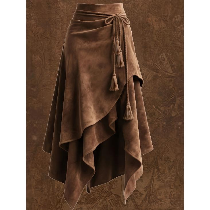 Women's faux suede vintage style irregular ruffle midi skirt with waist tie and tassel decoration