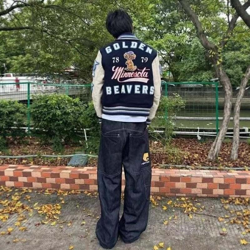 Unisex Oversized Bunda ve Stylu College s Kreslenou Výšivkou Kontrastní Patchwork Lehký Svrchní Oblečení