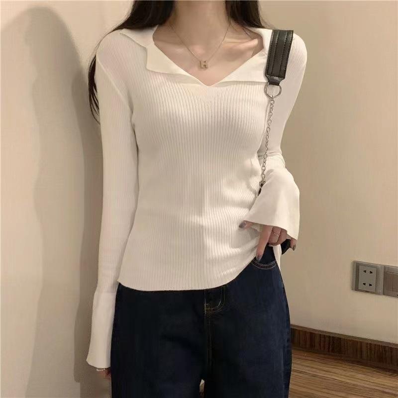 Lapel Base Layer Sweater Women Autumn Winter Womenswear Slim Soft Knit Top