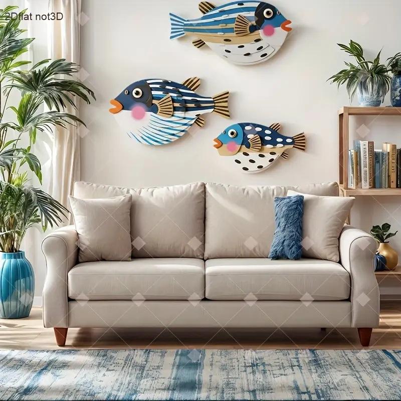 3Pcs/Set Wooden Ocean Art Wooden Sea Fish Shells Starfish Living Room Bedroom Wall Art Decoration