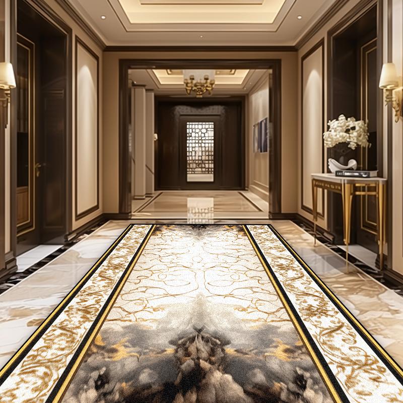 European Luxury Golden Corridor Soft Carpet Villa Aisle Stair Decoration Area Rug Washable Hotel Porch Entry Floor Mat Non-slip