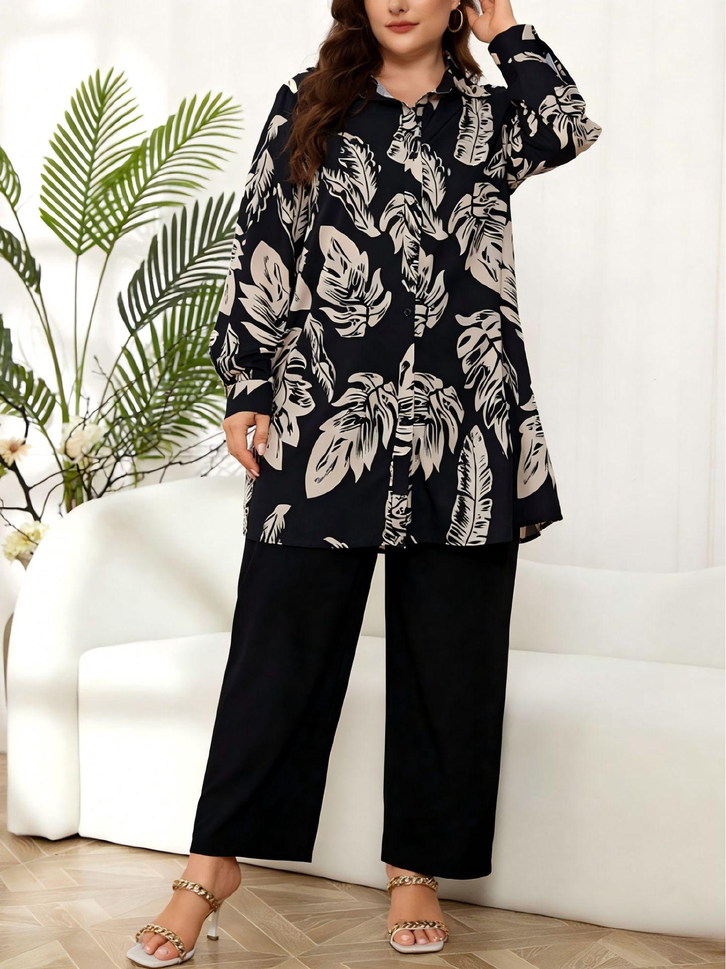 Middle Eastern Plus Size Women s Leaf Print Shirt & Wide-Leg Pants Set XXXL