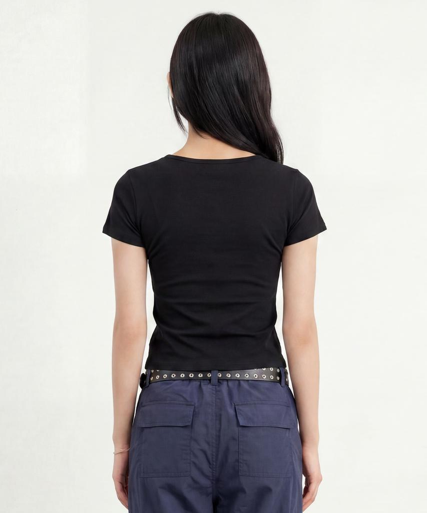 BASIC HOUSE Women'S Modal Spandex U-Neck Slim Fit Short Sleeve T-Shirt Black