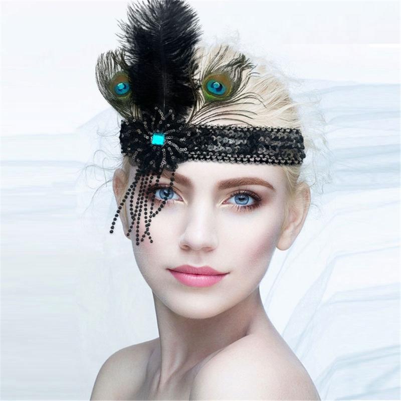 Stretchable Hairband With Glitter Fringe Natural Ostrich Peafowl Feather Comfortable Adjustable Headpiece For Event