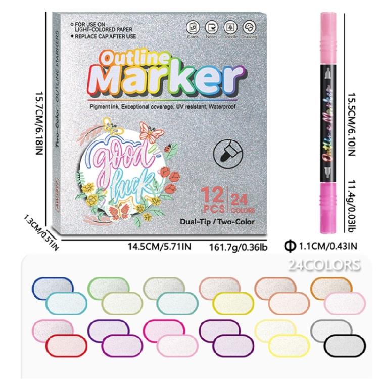 Outline Pen Set, 12Pcs Metallic Outline Marker Pens Gifts Card Writing Double Line Outline Pens Metallic Paint Markers