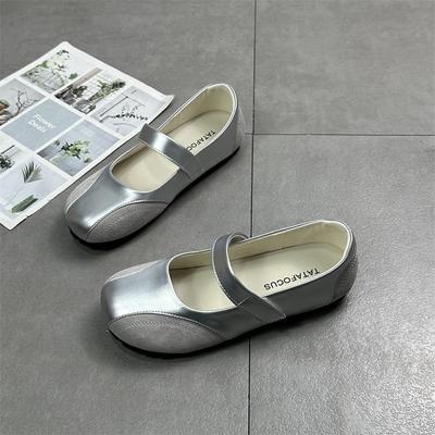Vintage Mary Jane Schuhe mit leichtem Ausschnitt, Damen Sommer neu, runde Spitze, silberne Ballerinas