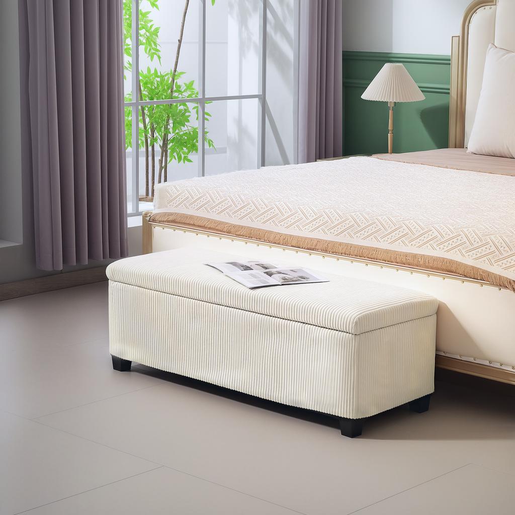 Storage Ottoman Bench, Corduroy Footstool with Removable Lid and Legs, 112cm Storage Chest Box for Living Room, Bedroom, Hallway, Beige