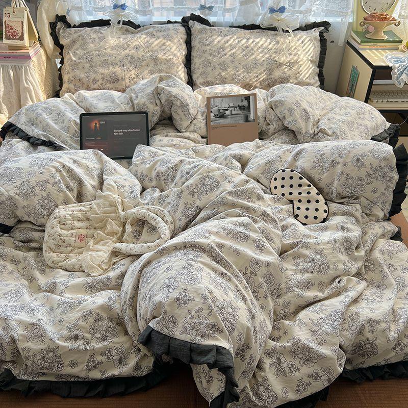 Class A Maternal Infant Grade Wrinkled Cloud Double-Layer Yarn Lace Quilt Cover, Bed Sheet 4-Pcs Set, Student Dormitory 3-Piece Set