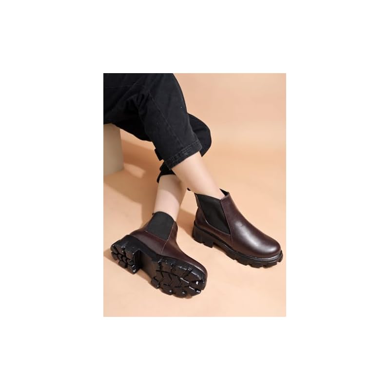 Women S Chunky Chelsea Boots Brown Ankle Booties With Lug Sole, Slip-On Elastic Side Panels, Stylish Fall/Winter Footwe 8 UK коричневый