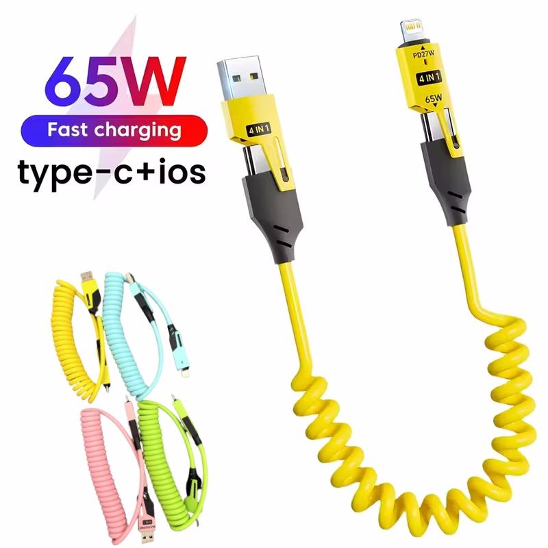 1Pc 65W 4 in 1 Spring Short Data Cable 6A USB Type C Spring Telescopic Quick Charger Wire Spring USB Cable