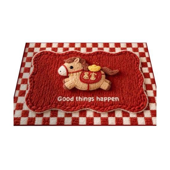 2026 Cartoon Horse Rug Year of The Horse Red Floor Mat Non-Slip Absorbent Entrance Rug Cute Horse Doormat for Bathroom Bedroom New Year Decoration