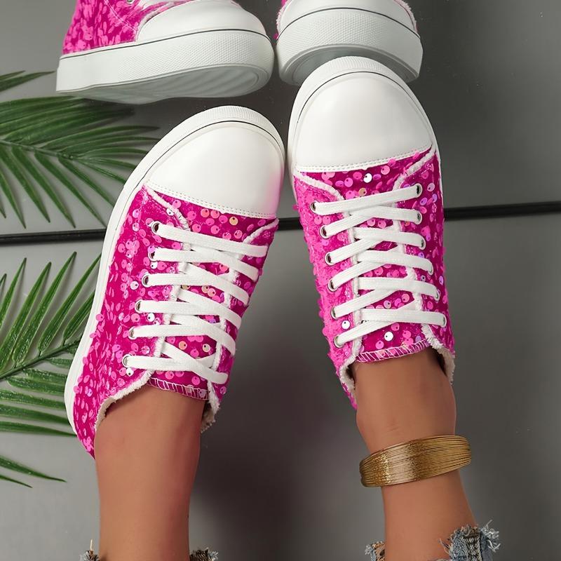 Women's Rose Red Fashion Sequin Lace-up Round Head Shoes