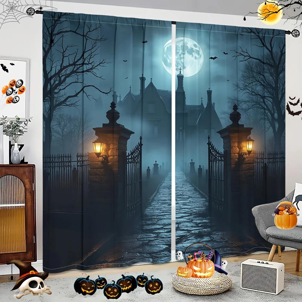 S Halloween Gothicstyle Castle Night Scene Printed Curtains, Pole Bag Home Decorations, Room Decorations