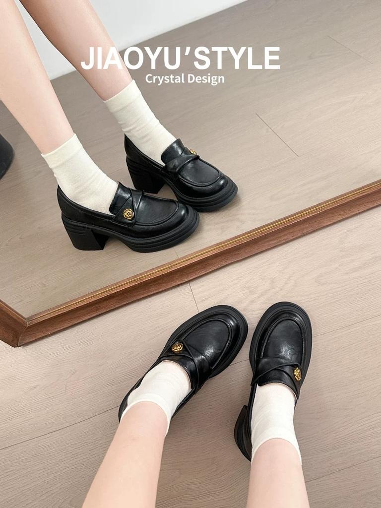 Cowhide Version~ British Style Camellia Platform High-heeled Loafers, Small Leather Shoes, Retro Thick-heeled Single Shoes for Women