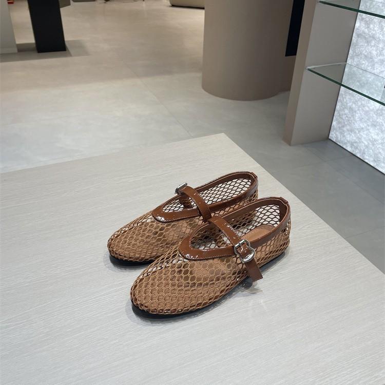 Damen Sommer Sandalen aus Leder mit hohlem Netzmuster, Ein-Wort-Schnalle, runde Spitze, flache Sohle, flacher Ausschnitt, Mary Jane Einzelspangen-Schuhe