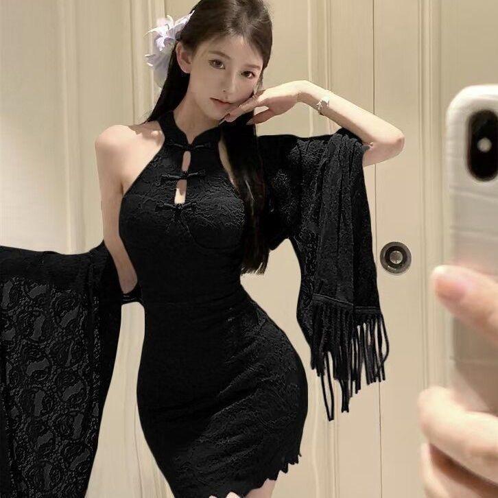 Sexy New Chinese Buckle Lace Stand-up Collar Cheongsam Pure Desire Hot Girl Purple Halterneck Sexy Lingerie Girl