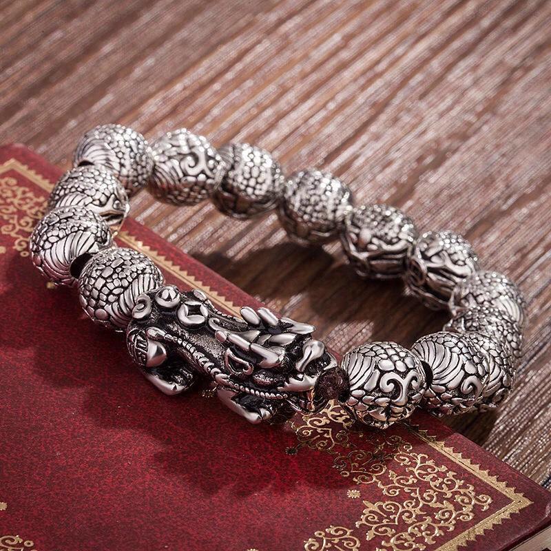 Мужской браслет-буддийская четка Пиксиу с головой тайского серебряного дракона Money-attracting Pixiu 15mm