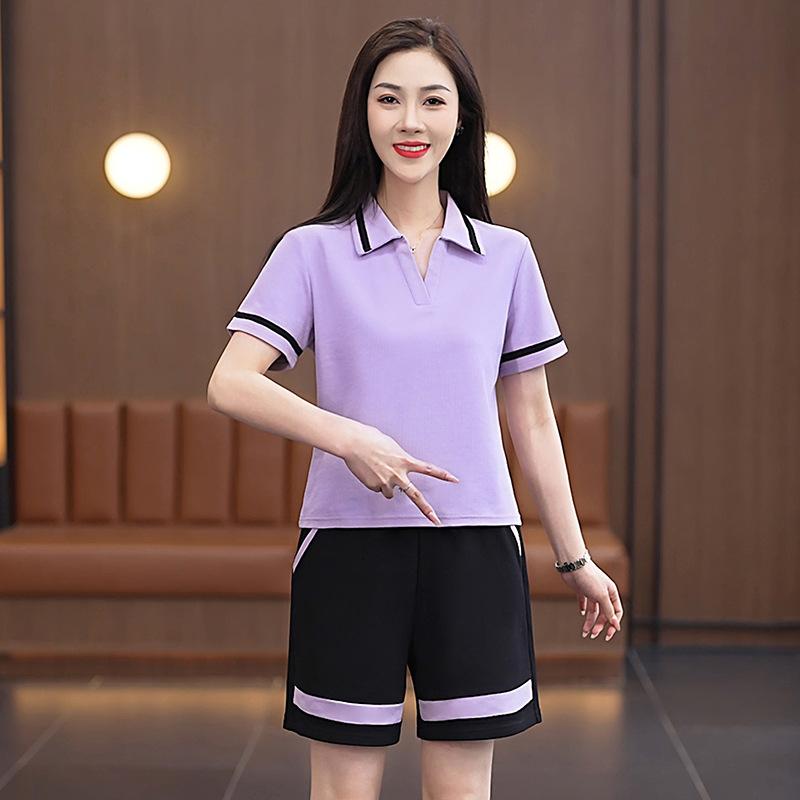 Women's Summer Loose Casual Short Sleeved Running Collar Sportswear Set Two-piece Set
