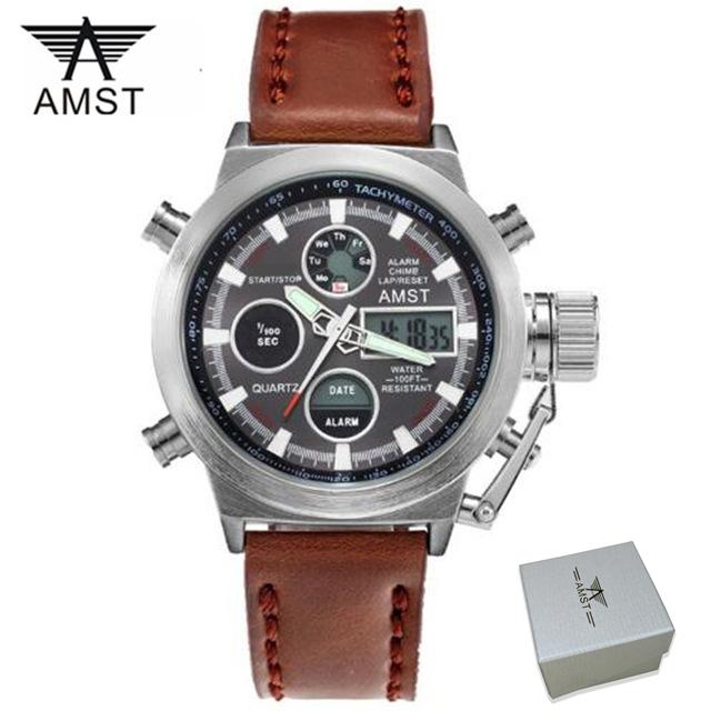 AMST Men Watch Top Luxury Brand Red Big Dial Sport Watches Mens Chronograph Quartz Wristwatch Date Male Clock Relogio Masculino