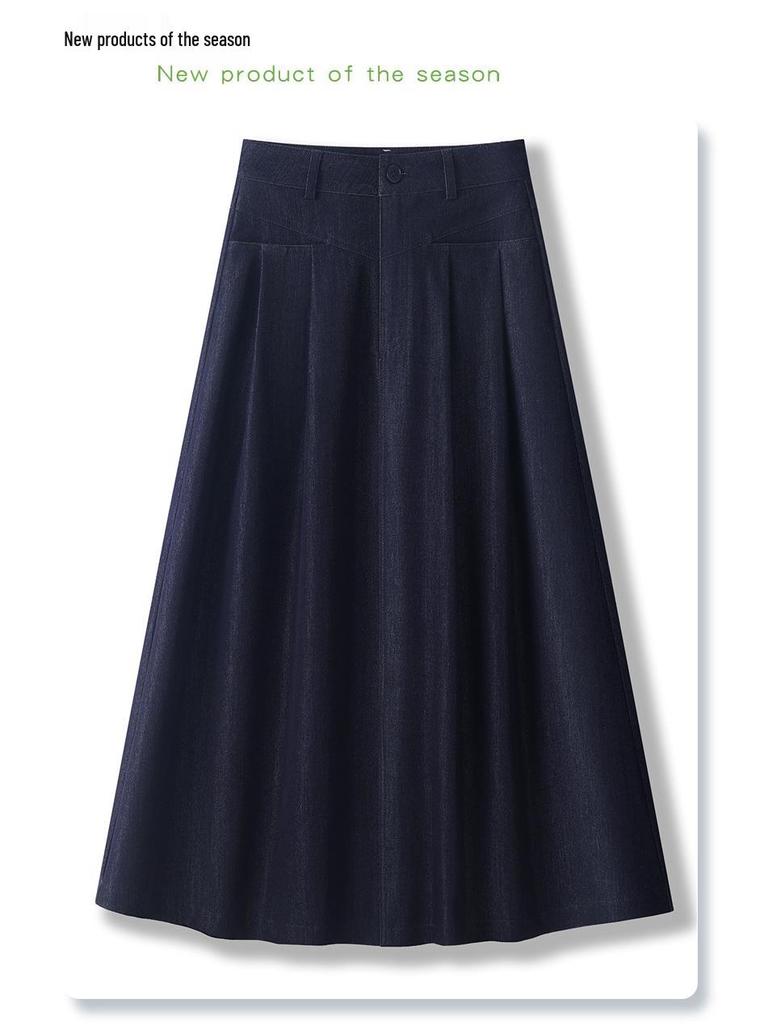 Women's High-Waist Dark Blue Denim Pleated Midi Skirt, 2025 New A-Line Slimming Design