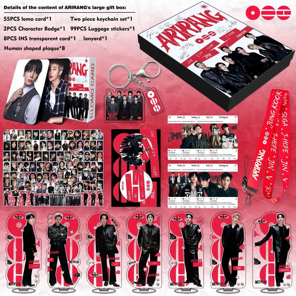 Deluxe Kpop BTS Arirang Support Geschenkbox | 7 Stück Acryl-Ständer, Lomo-Karten, Schlüsselanhänger, Lanyard, Abzeichen-Foto-Set | BTS Album Merchandising für Fans
