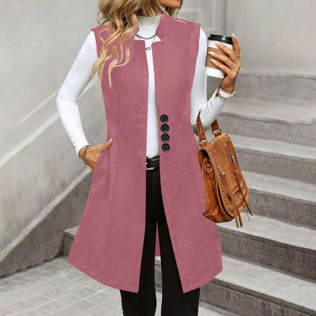 Women's Fashionable Casual Lapel Buttoned Waistcoat Sleeveless Solid-Colour Jacket