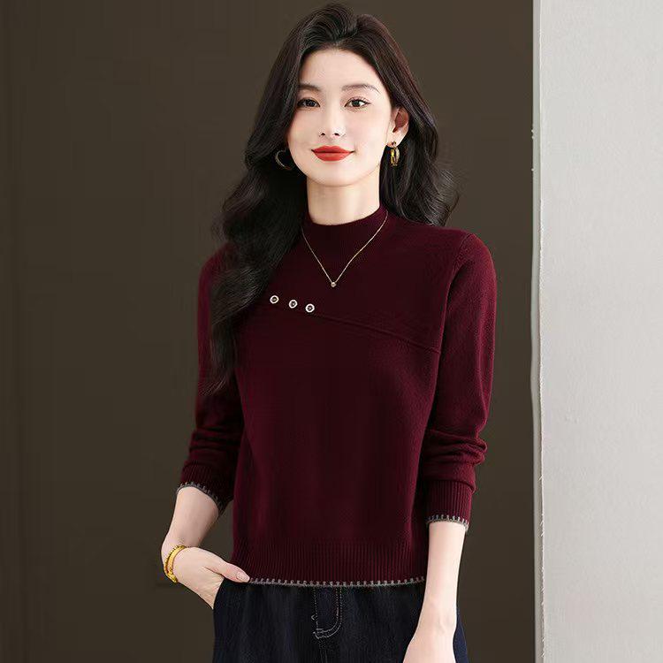 Women's Wool Fleece Sweater with Semi-High Neck for Autumn and Winter