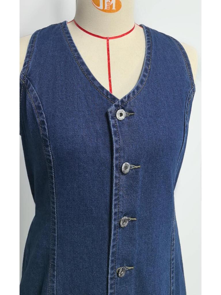 2026 Spring/Summer European Retro Button-Up Tie Waist Denim Dress