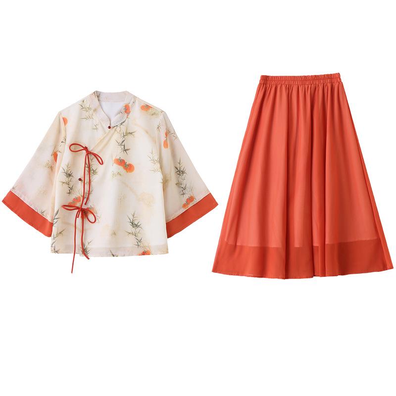 2025 Summer New Chinese Style Stand Collar Top & Skirt Hanfu Set LX292