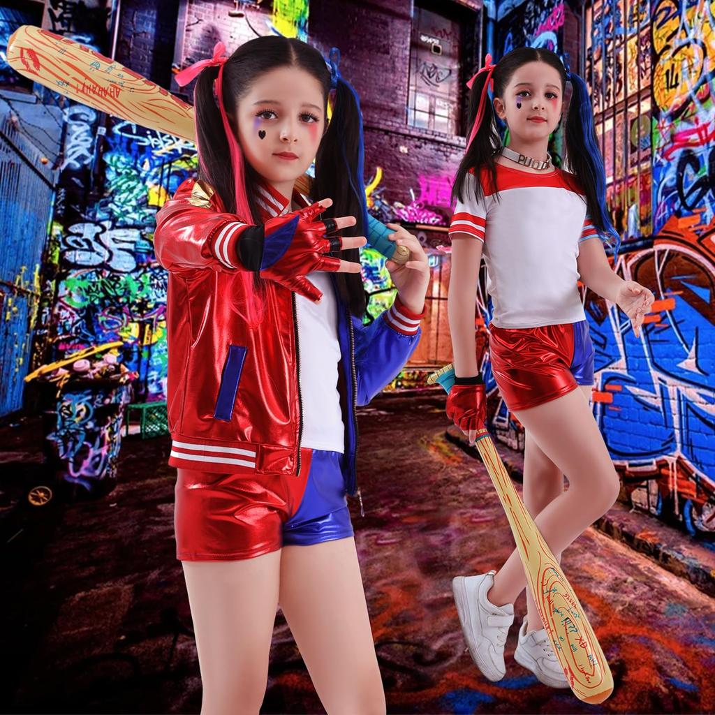 Formemory Harley Quinn Cosplay Costume, 8-Piece Set with Props for Kids and Adults, Perfect for Costumes, Christmas, or Birthdays (Coat, Pants, T-Shir