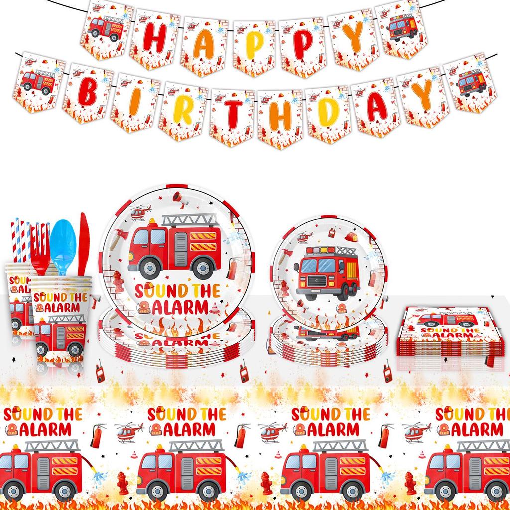 Fire Truck Birthday Party Set: Plates, Cups, Banners, Tablecloth, Cutlery