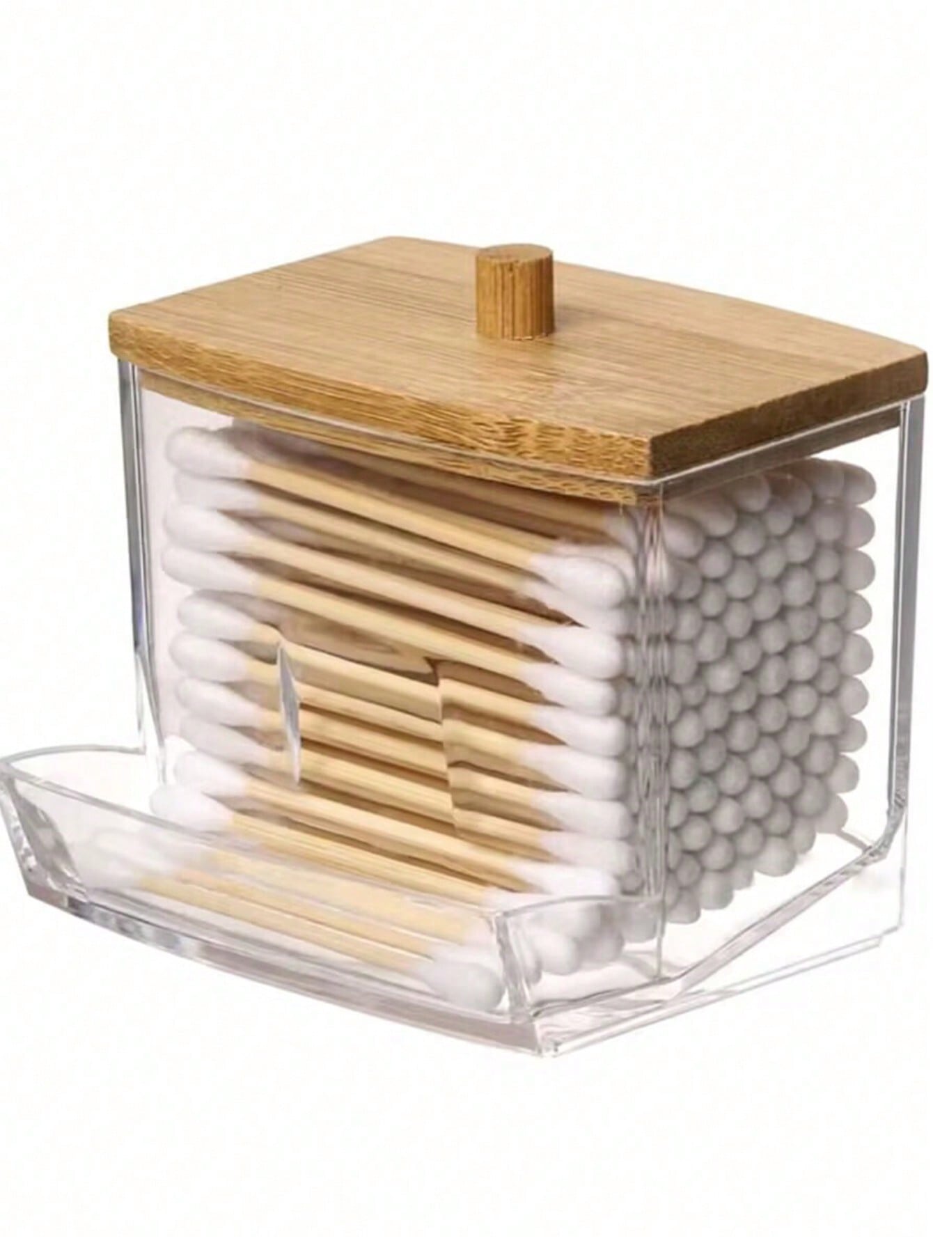 

1 Pc Qtip Holder With Bamboo Lid, Clear Small Swab Dispenser, Ear Stick Swabs Holder чистый