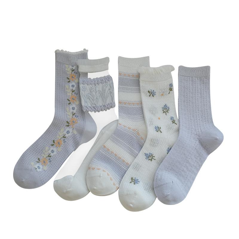 Female Summer Thin Sweet Floral Mesh Boneless Lace In The Tube Stack Socks