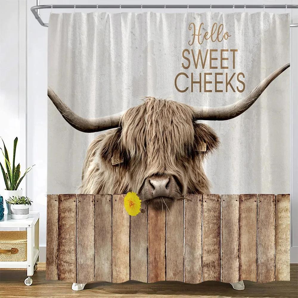 

Highland Cow Shower Curtain Rustic Farm Animal Cattle Donkey Pig Chicken Flower Plant Leaves Sunflower Bathroom Decor With Hooks W60H190(CM)-1 Pcs