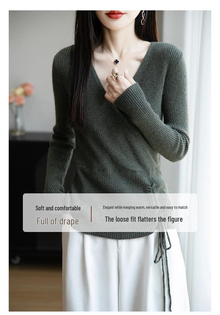 Women's Elegant V-Neck Wool Sweater: Autumn/Winter Fashion Long Sleeve Knitwear with Drawstring.