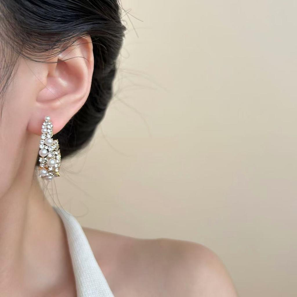 French retro style diamond-set pearl C-shaped stud earrings light luxury high-end temperament earrings new earrings women