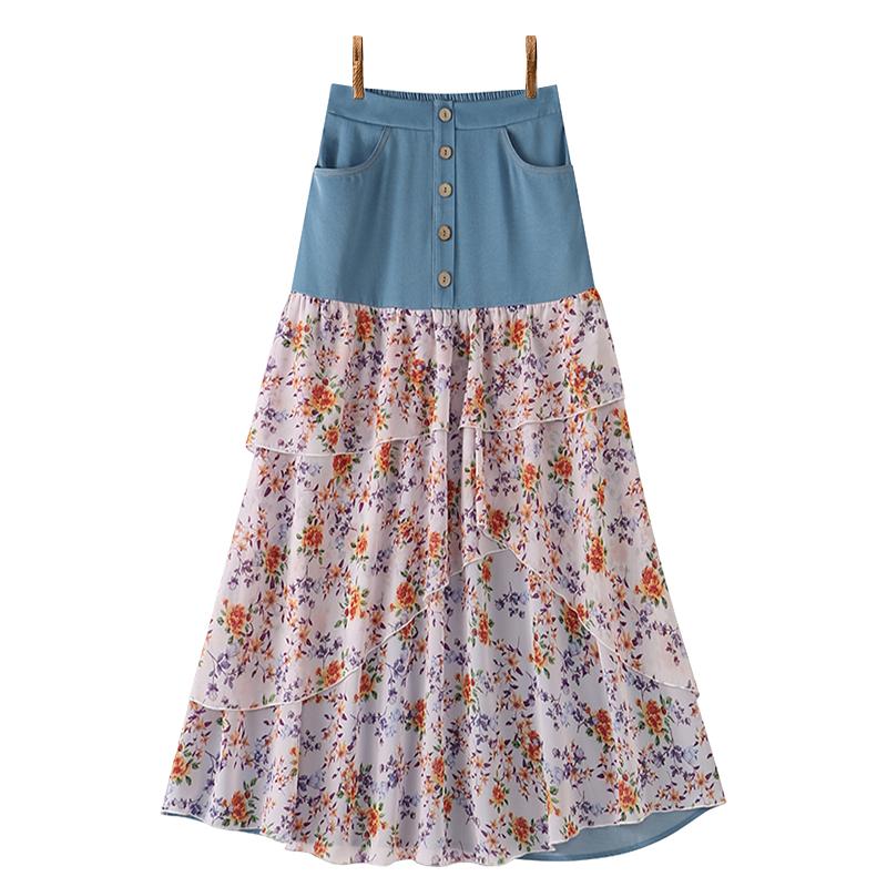 ZANZEA Women Casual Elastic Waist Loose Floral Print Patchwork Long Skirts M