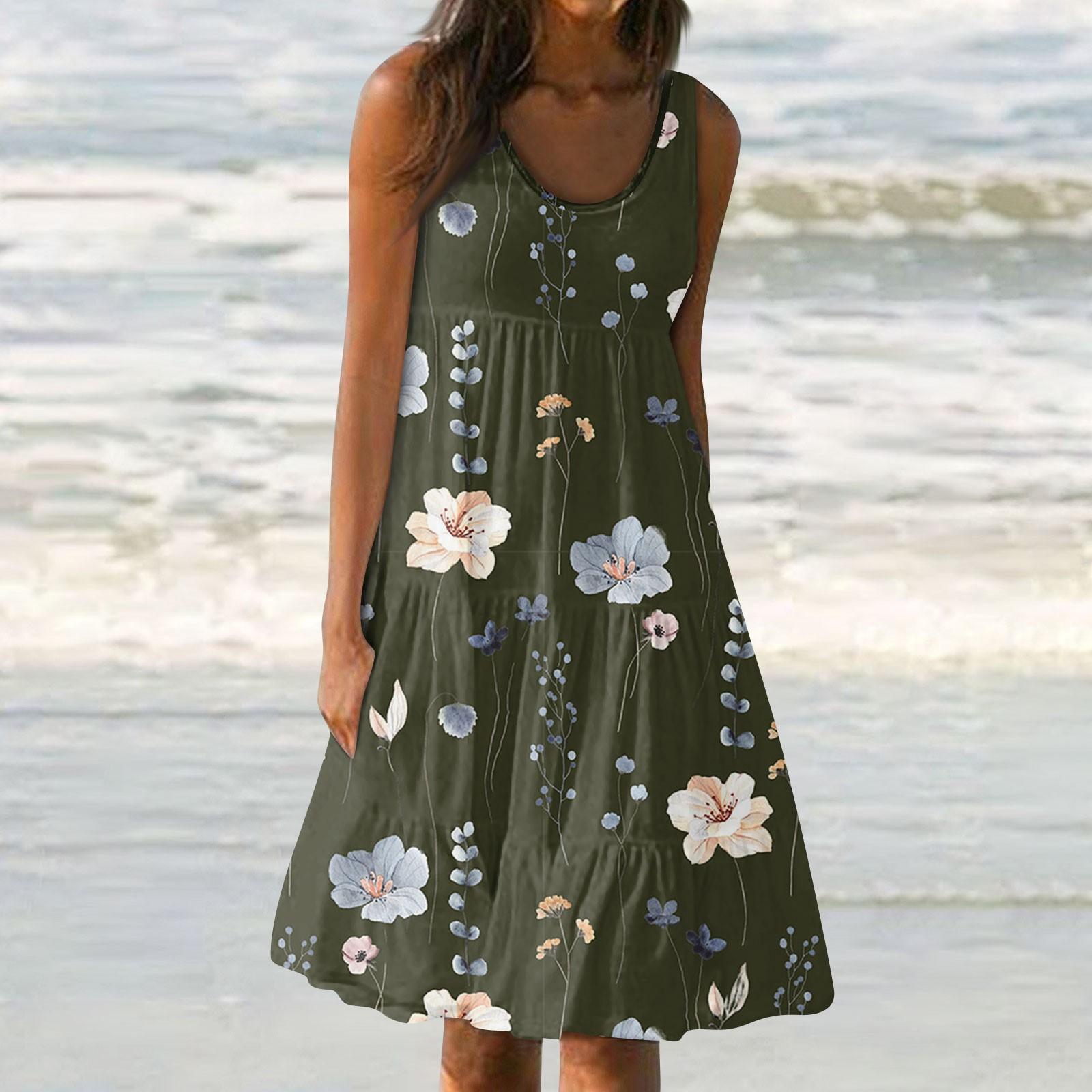 

Женские платья-жилеты Лето-весна Плиссированные богемные платья Симпатичные струящиеся пляжные платья без рукавов Прямая футболка Платья-майки Платья с круглым вырезом XXL армия зеленый