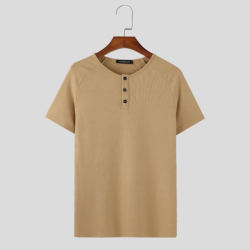 

INCERUN Summer Men Short Sleeve Casual Texture Henley Tops T-shirts 4XL хаки
