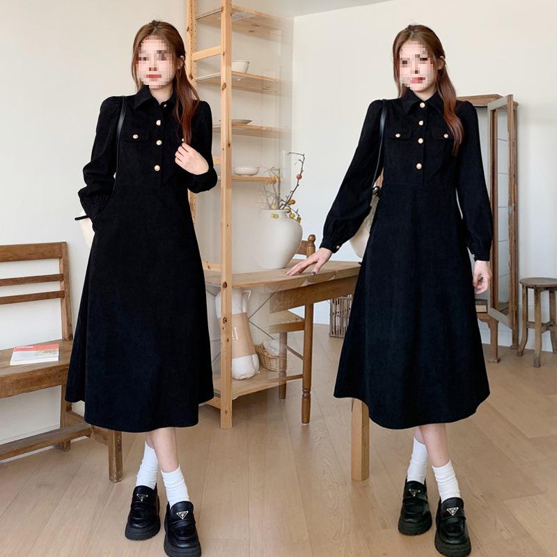 

Утепленное вельветовое платье в стиле Хепберн с длинным рукавом | Большой осенне-зимний перерыв на кофе M чёрный