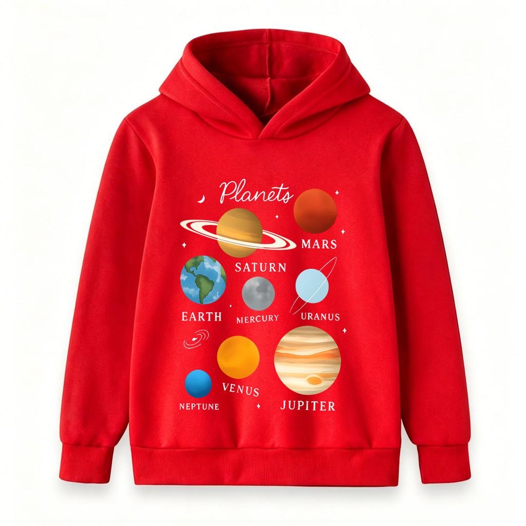 Kids Boys Girls Pullover Hoodie, Cute Solar System Planets Graphic Casual Long Sleeve Hooded Sweatshirt for Astronomy Space Lover Children Daily Wear