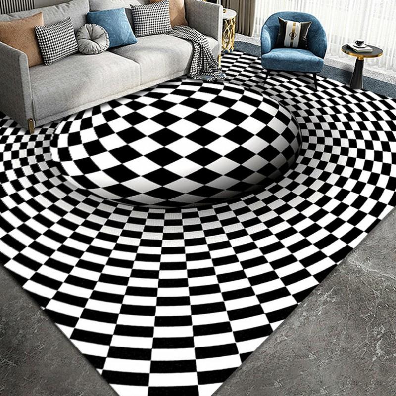 3D Optical Illusion Black White Grid Rug Living Room Office Modern Non-Slip Floor Mat Nordic Style