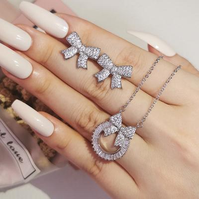 925 Sterlingsilber Anhänger Mode Kreativ Vielseitig Damen Fee Schleife Voll Diamant Ohrstecker Anhänger Zirkon Halskette