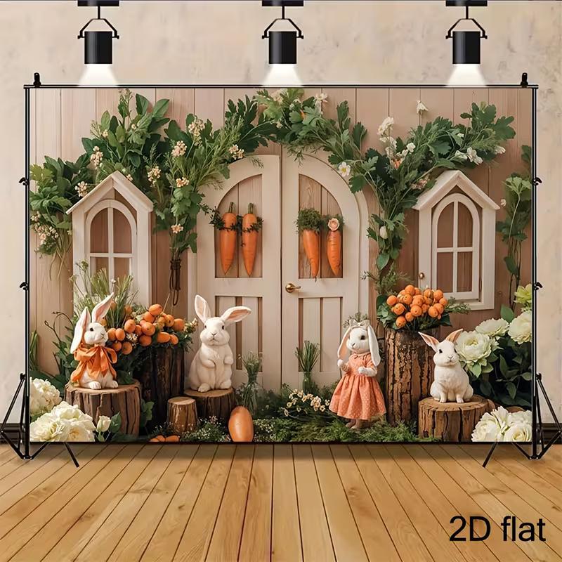 2D Spring Rabbit Backdrop - Natural Greenery Woodland Door Photography Background for Easter Events