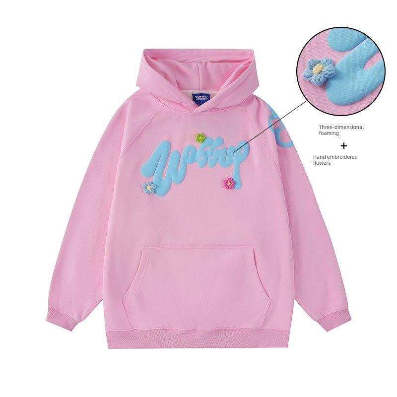

Wassup Heods Foam Letter Craft Sweatshirt Men s Hooded Autumn and Winter Heavyweight Street Fashion Brand Couple Style Top Pink 2XL