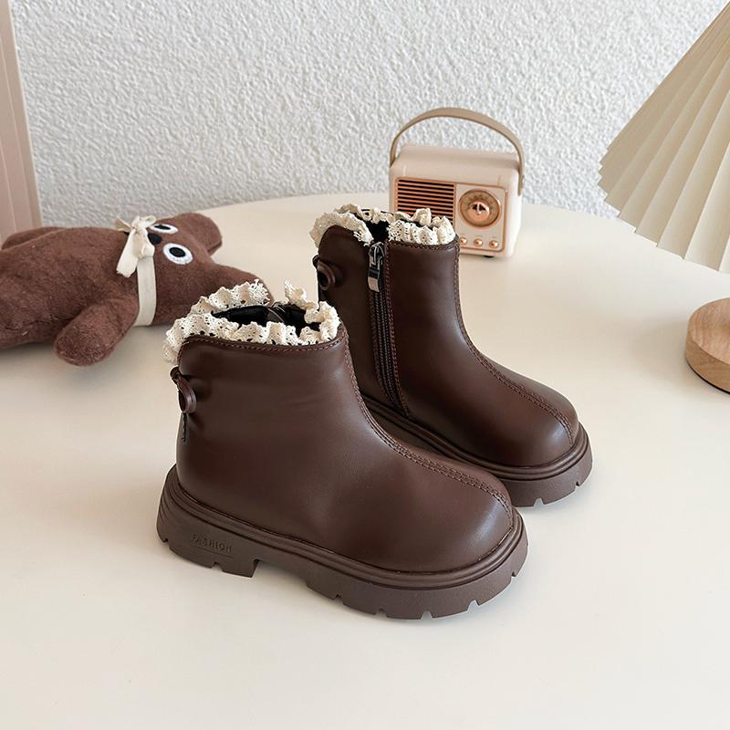 

Children Short Boots Korean Style Versatile Kids Leather Boots with Sweet Lace Girls Casual Boots Side Zipper 36 коричневий