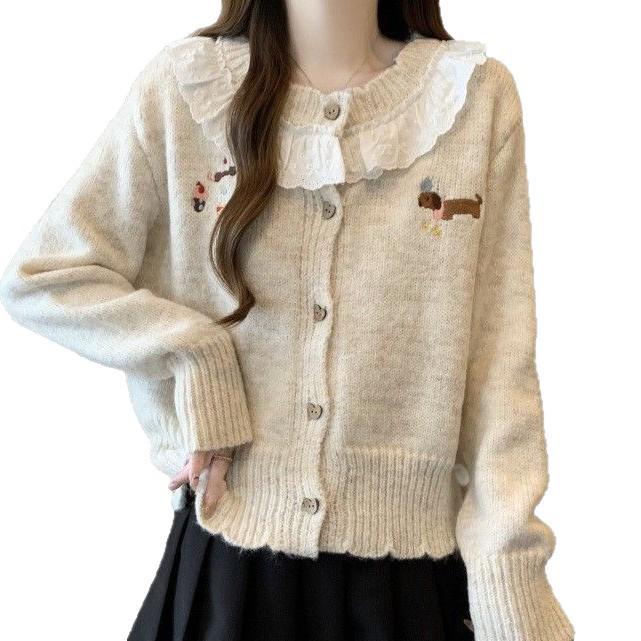 2026 Spring Autumn Korean Puppy Embroidery Lace Trim Women's Knit Cardigan